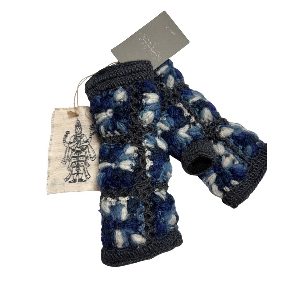 Anthropologie NEW Fingerless Gloves Blue Granny Square Crochet Fleece Lined OS